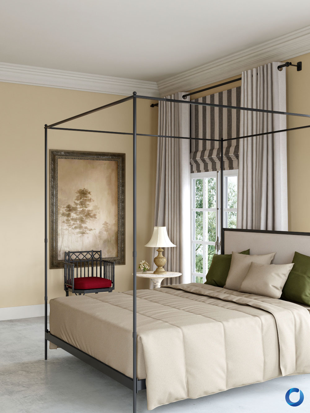 Elegant bedroom featuring a beige canopy bed with green accent pillows, soft neutral curtains paired with striped Roman shades, and warm beige walls. The room includes classic decor, a framed painting, and a side table with a traditional lamp, creating a cozy and sophisticated ambiance.