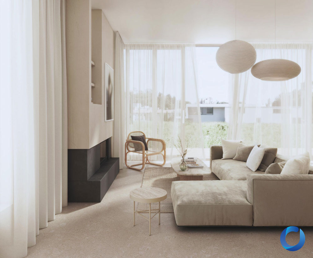 Modern living room with sheer floor-to-ceiling curtains and neutral decor. Alcova Collection