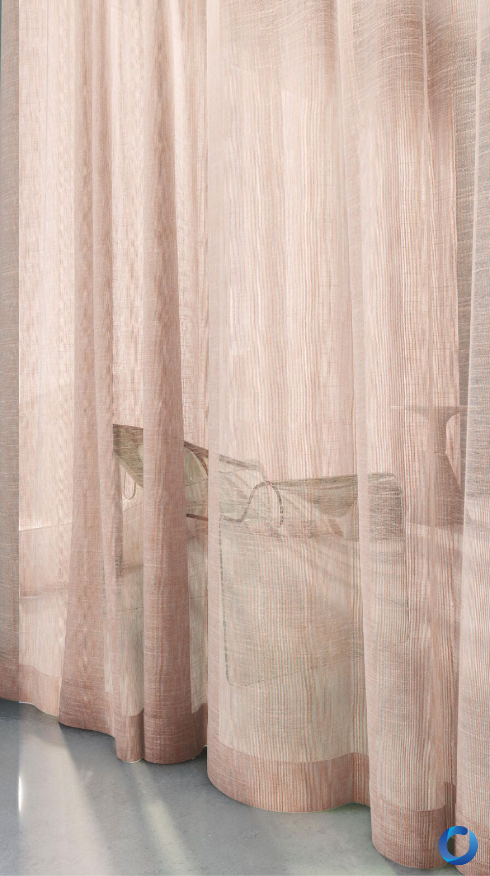 Sheer floor-to-ceiling curtains with soft natural light. Angelic Collection