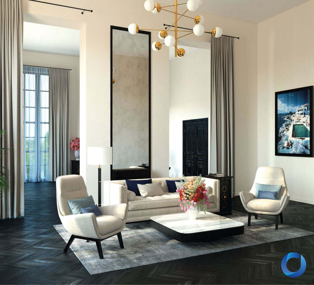 Elegant living room with tall drapes and modern decor. Divinity Collection