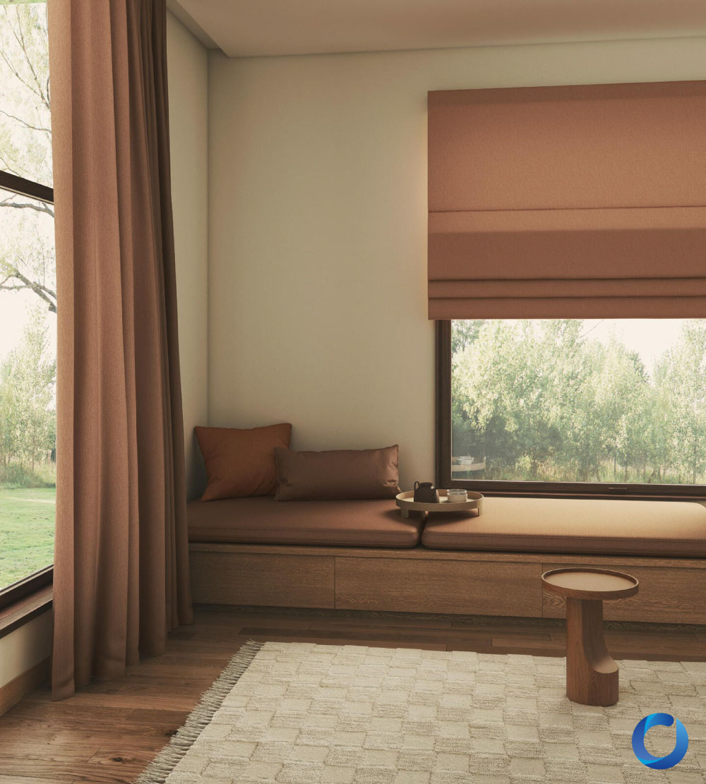 Cozy reading nook with Roman shades and floor-length curtains. Excel Collection 