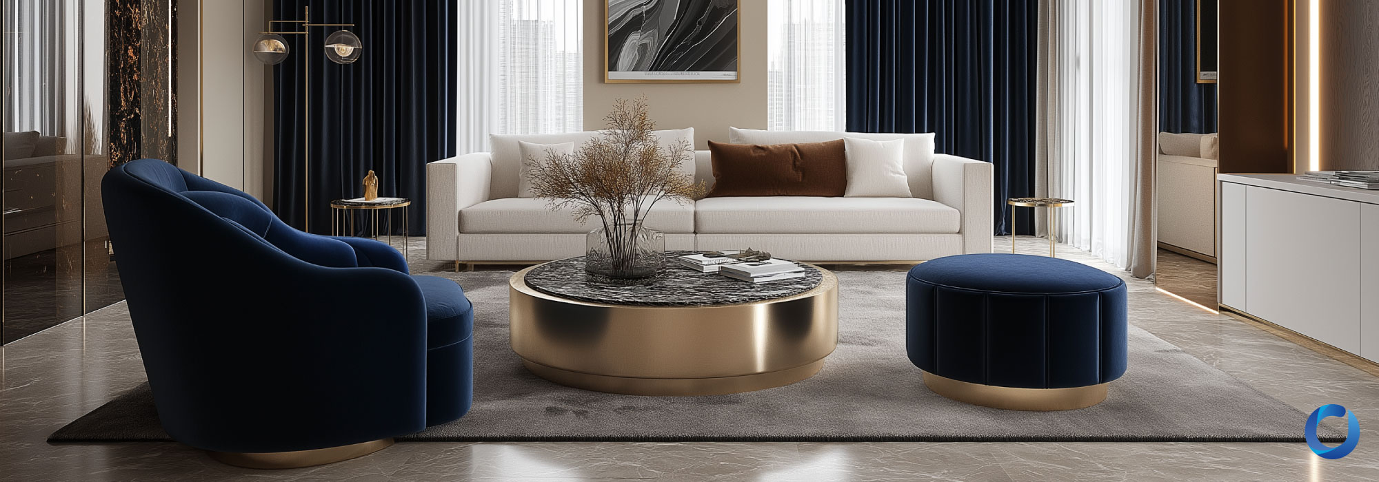 Luxury living room with floor-to-ceiling European curtains.