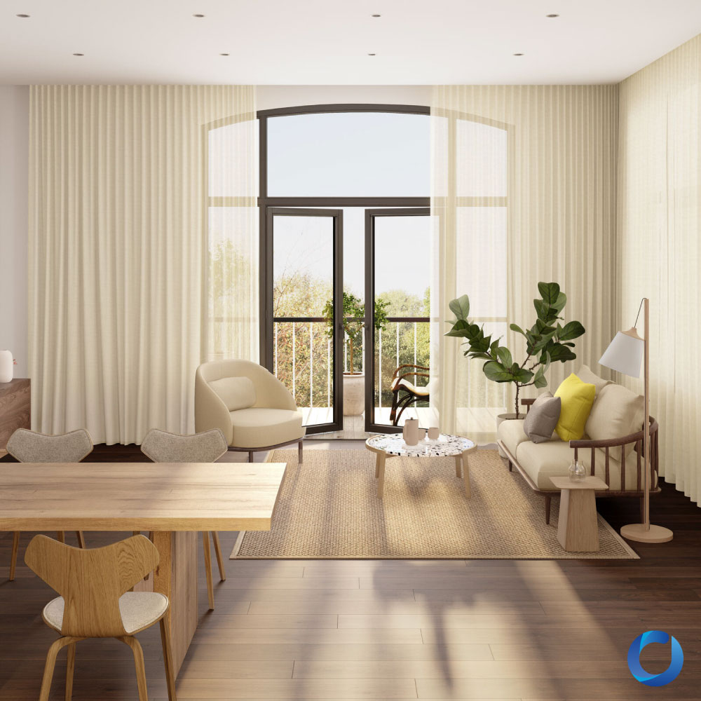 Bright living space with sheer drapes and natural decor. Natural Collection