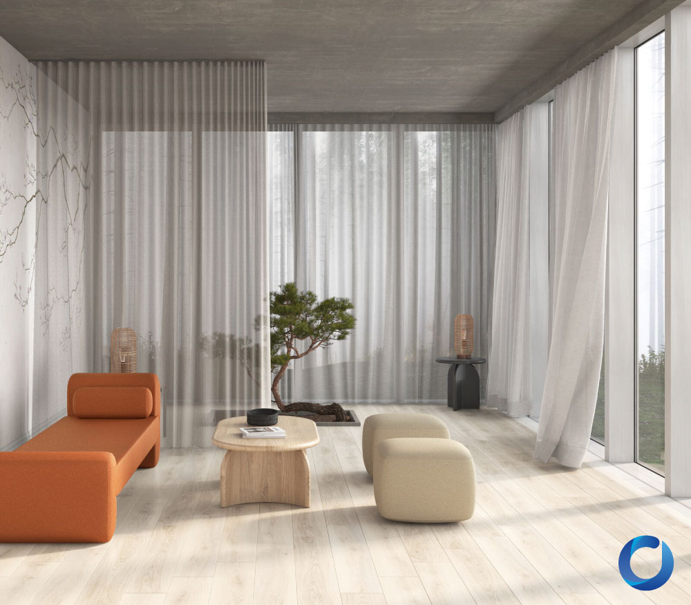 Minimalist living space with sheer curtains and natural decor. Natural Stories Collection