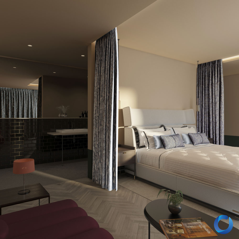 Luxurious bedroom with patterned drapes and modern decor. Sensational Collection