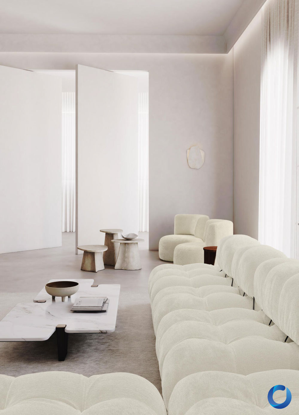 Minimalist living room with soft textures and sheer curtains. Snugly Collection
