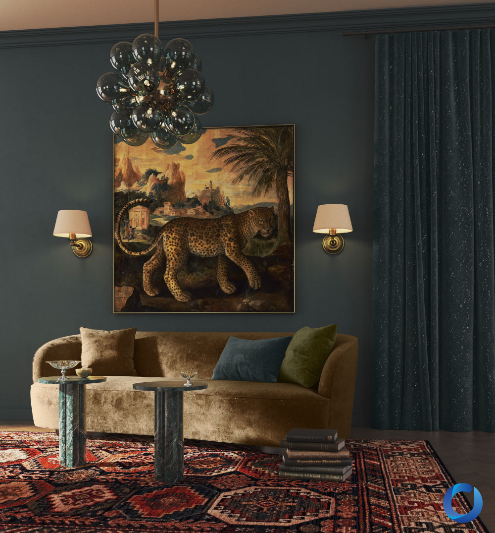 Luxurious living room with dark drapes and vintage decor. Starbooster Collection