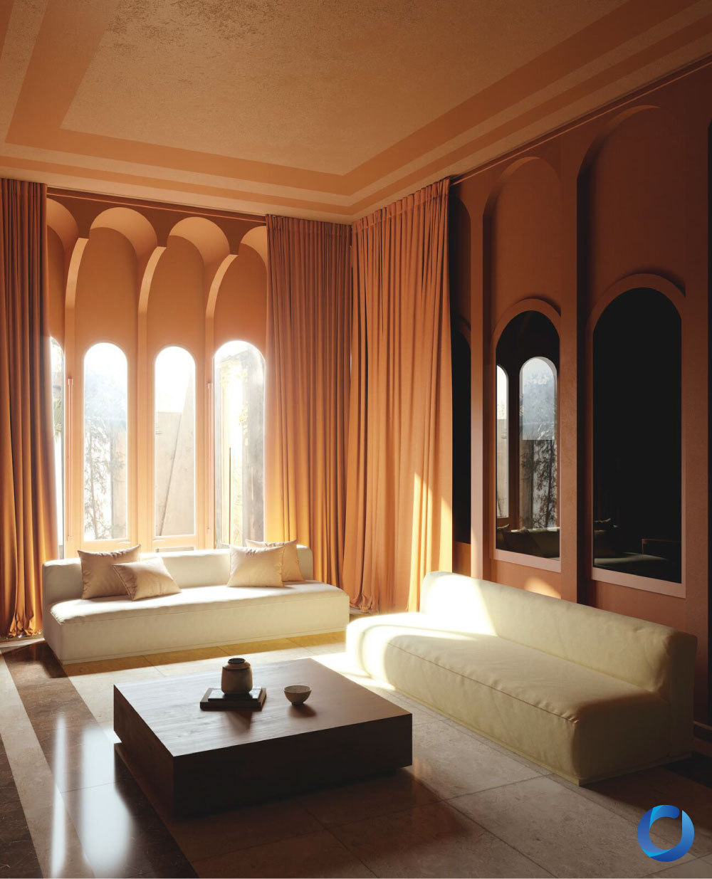 Elegant living room with arched windows and warm drapes. Tonto Collection