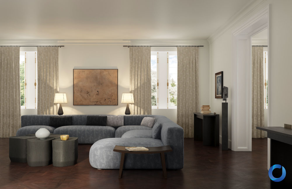 Elegant living room with gray sectional sofa, dark wood floor, beige curtains, table lamps, minimalist decor, and neutral artwork.