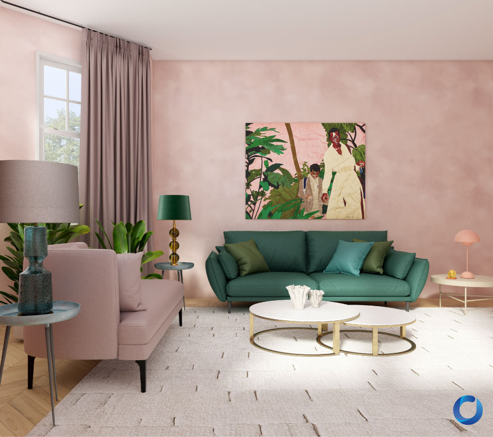 Modern living room with pink walls, a green sofa, pink armchair, abstract artwork, and layered round coffee tables. The space features soft lighting, indoor plants, and a cozy, vibrant ambiance.