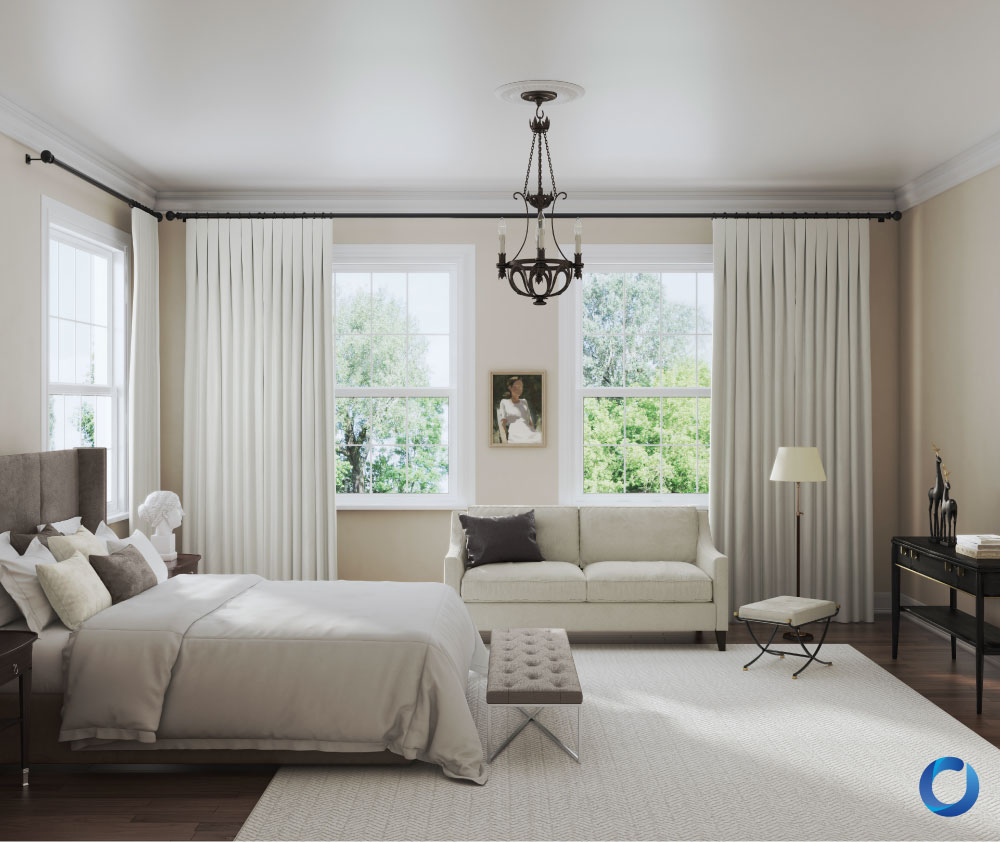 Elegant bedroom with neutral curtains and classic chandelier. Lights Out Collection