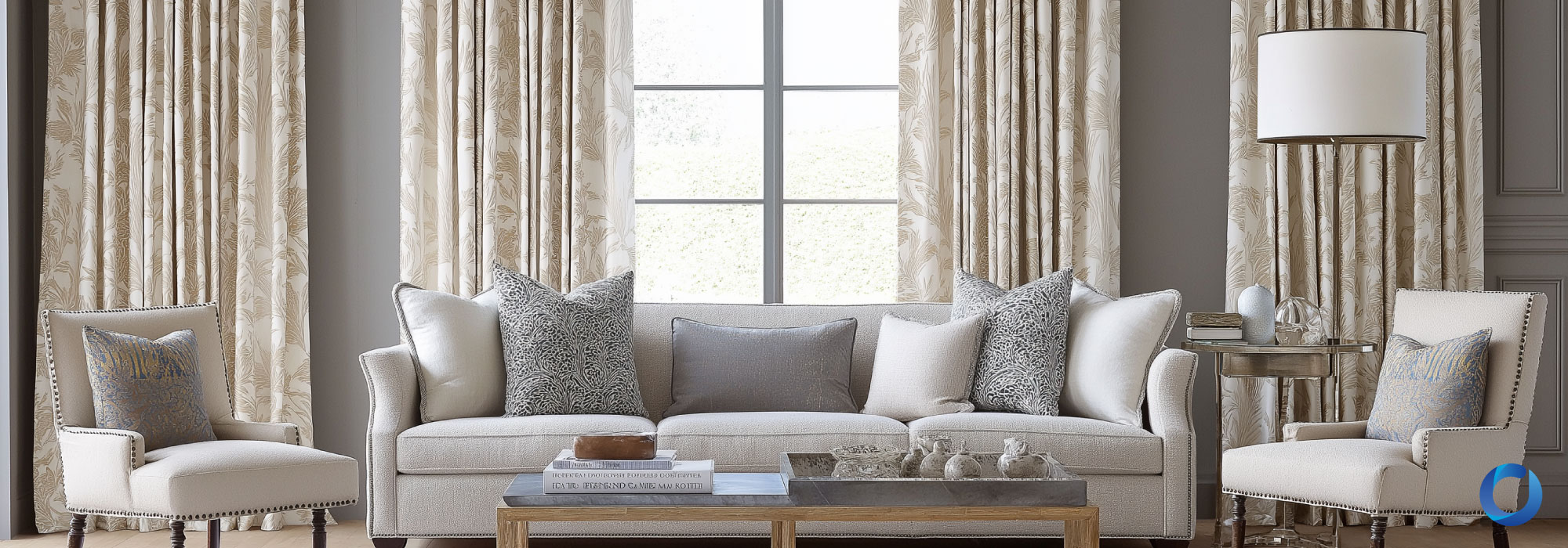 Elegant living room featuring a neutral sofa, patterned beige curtains, armchairs, a wooden coffee table, and soft decorative pillows. The space combines classic and modern decor with warm, natural lighting.