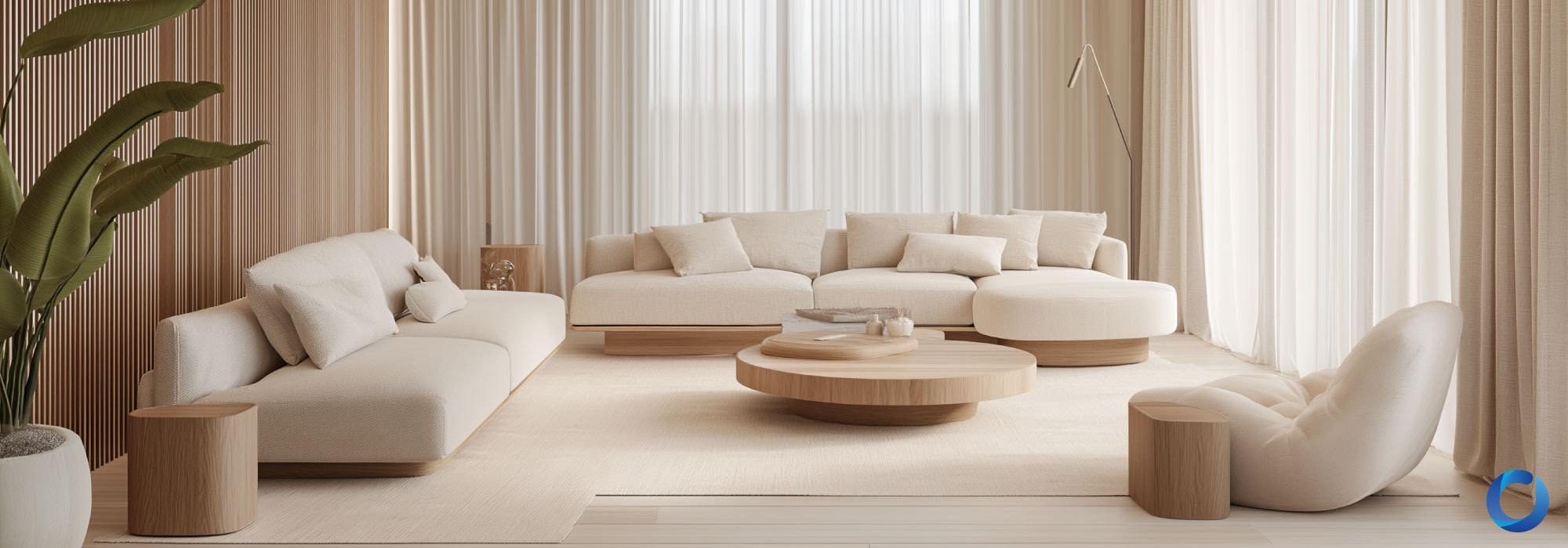 Minimalist living room with sheer curtains and neutral furniture.