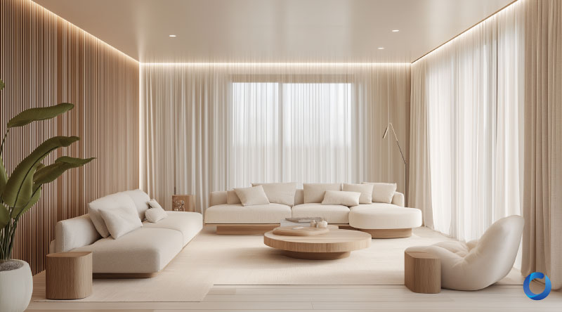 Minimalist living room with sheer curtains and neutral furniture.