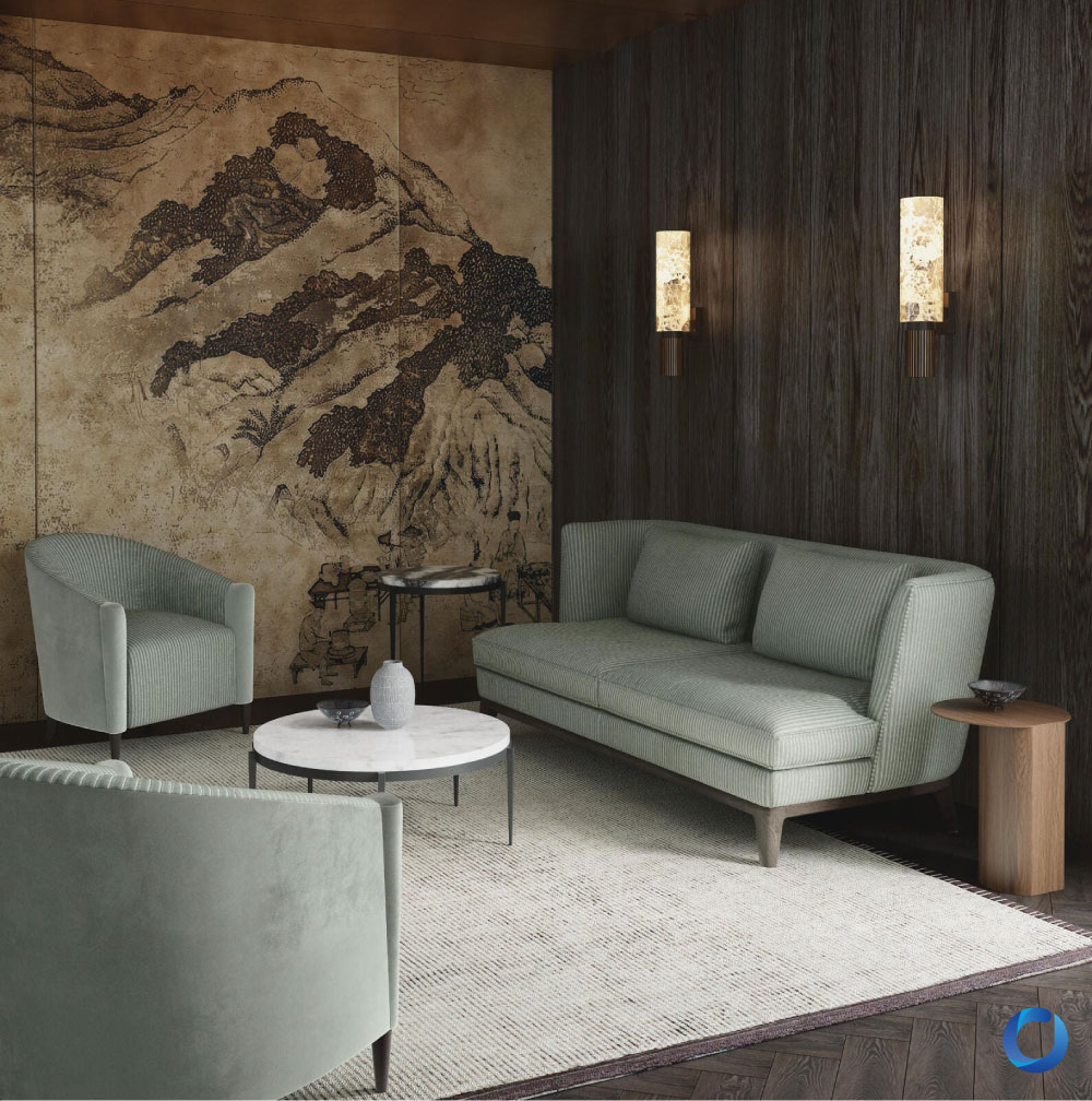 Luxury living room with green upholstered furniture and artistic decor. Embrace Collection