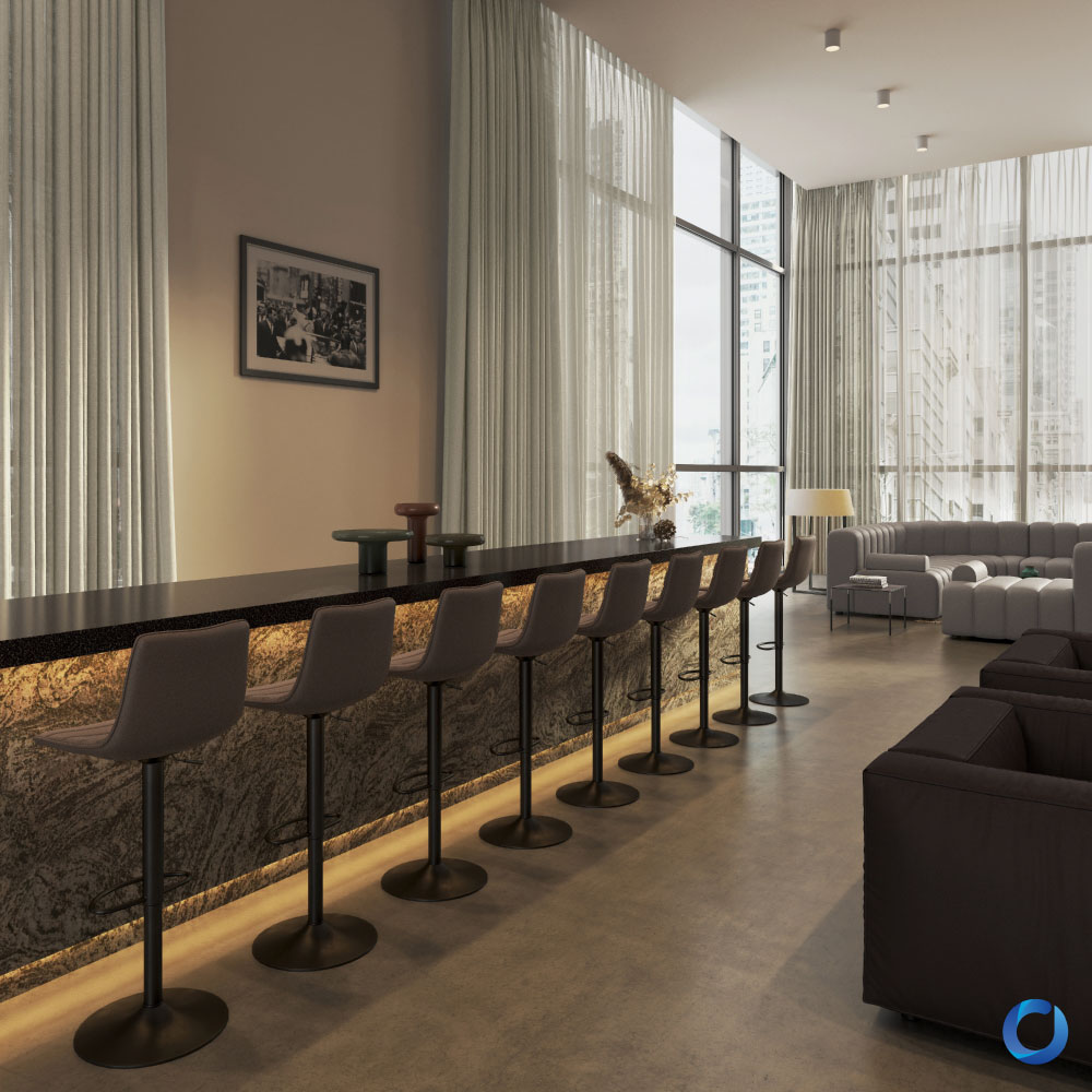 Modern luxury bar lounge with stylish seating and floor-to-ceiling windows. Integra Collection