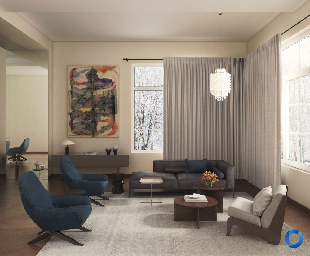 Elegant living room with modern furniture, abstract art, and chandeliers. Jet Set Collection