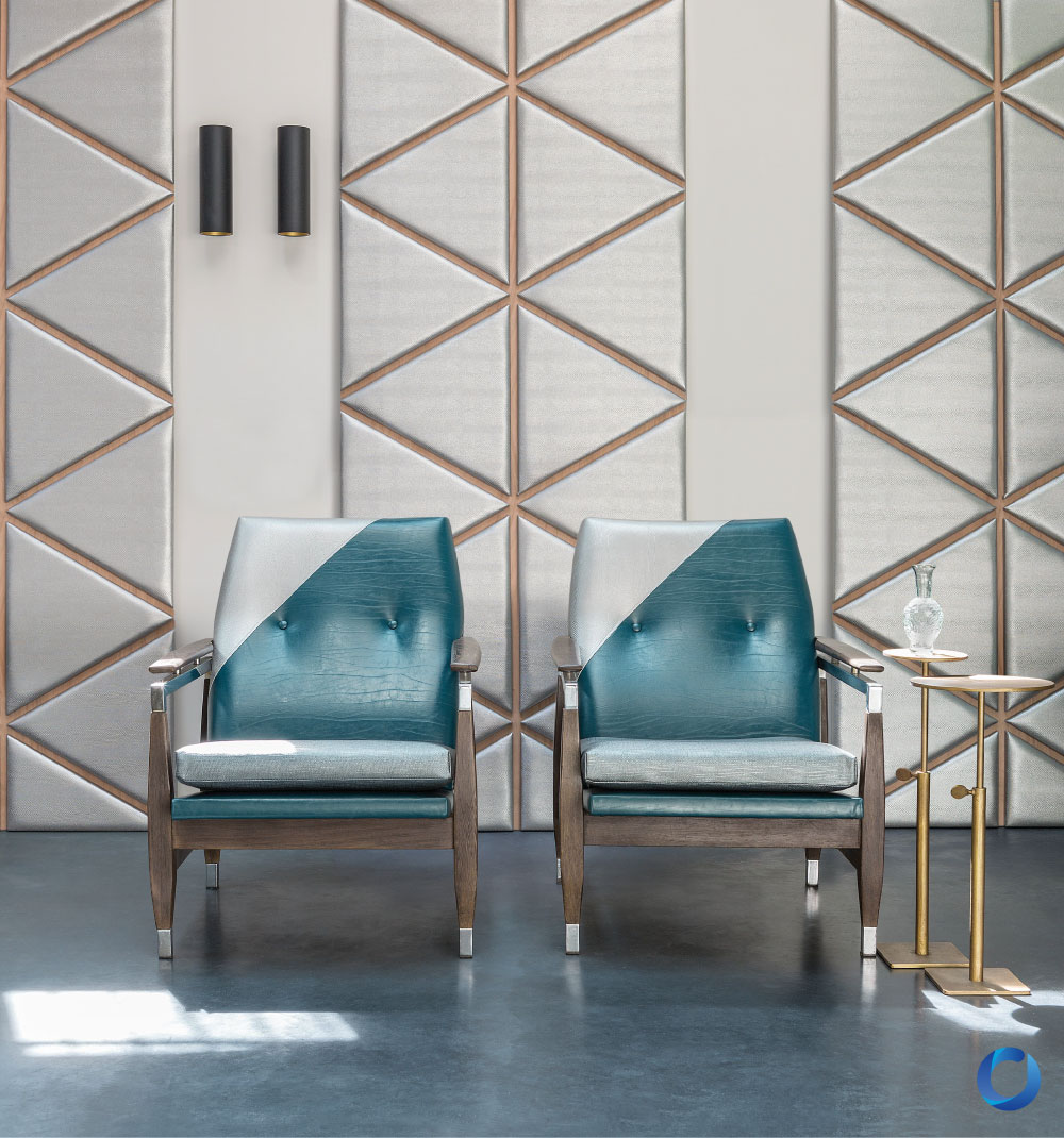 Luxury leather armchairs with modern design and geometric wall decor. Leather Craft Collection