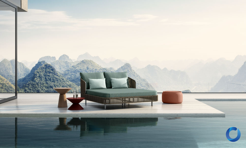 Luxury outdoor lounge with modern furniture and scenic mountain view. Outshine Collection