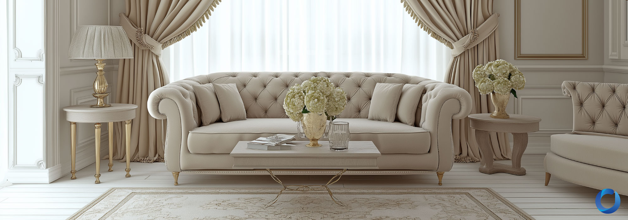 Classic luxury living room with tufted sofa and elegant drapes.