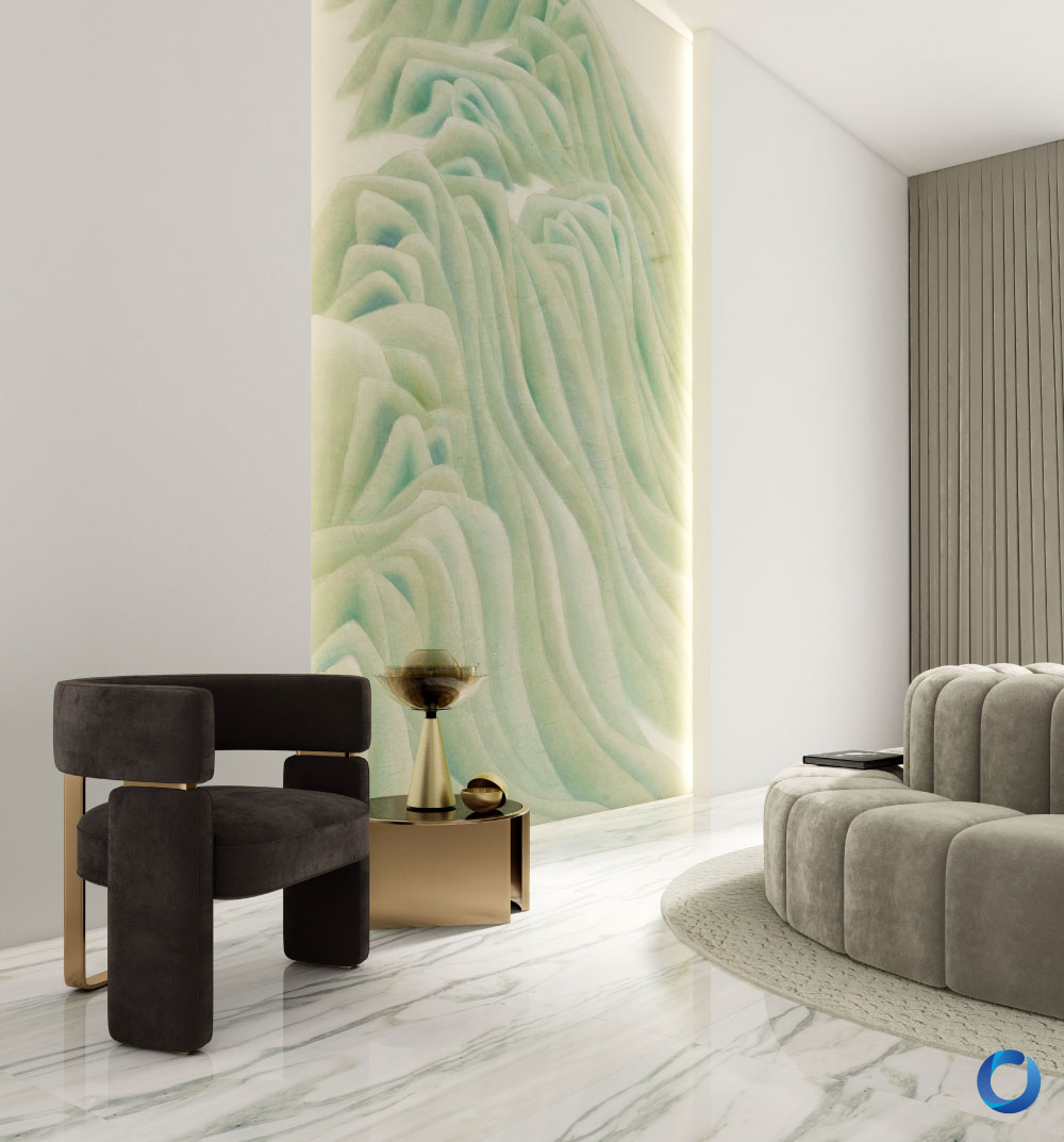Modern luxury interior with marble flooring and artistic feature wall. Verbier Collection