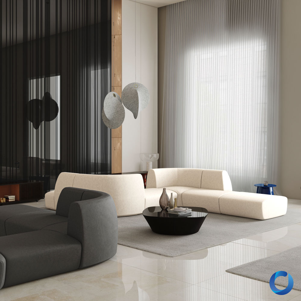 Modern living room with European curtains, fabric sofas, and décor.Evo Collection