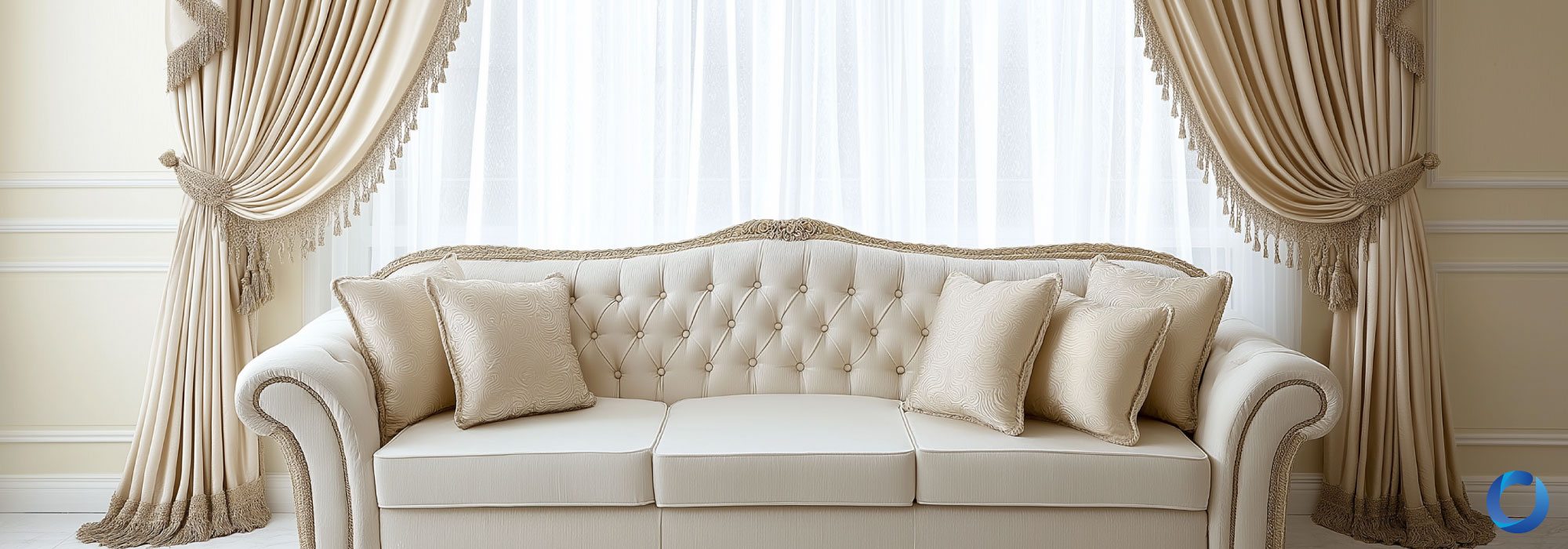 Luxurious living room with gold draped curtains and tufted sofa.