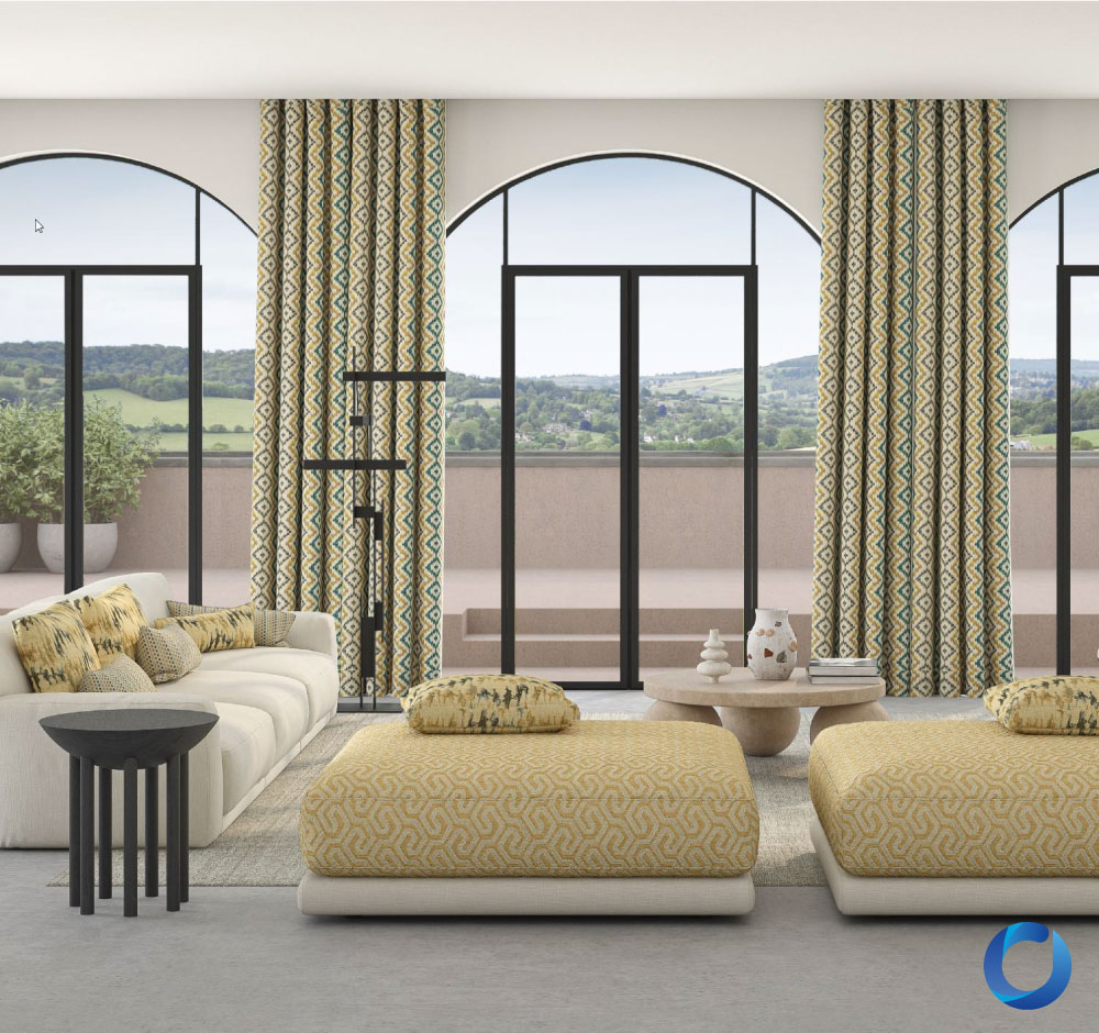 Modern living room with patterned curtains, neutral sofa, and ottomans. Jamboree Collection