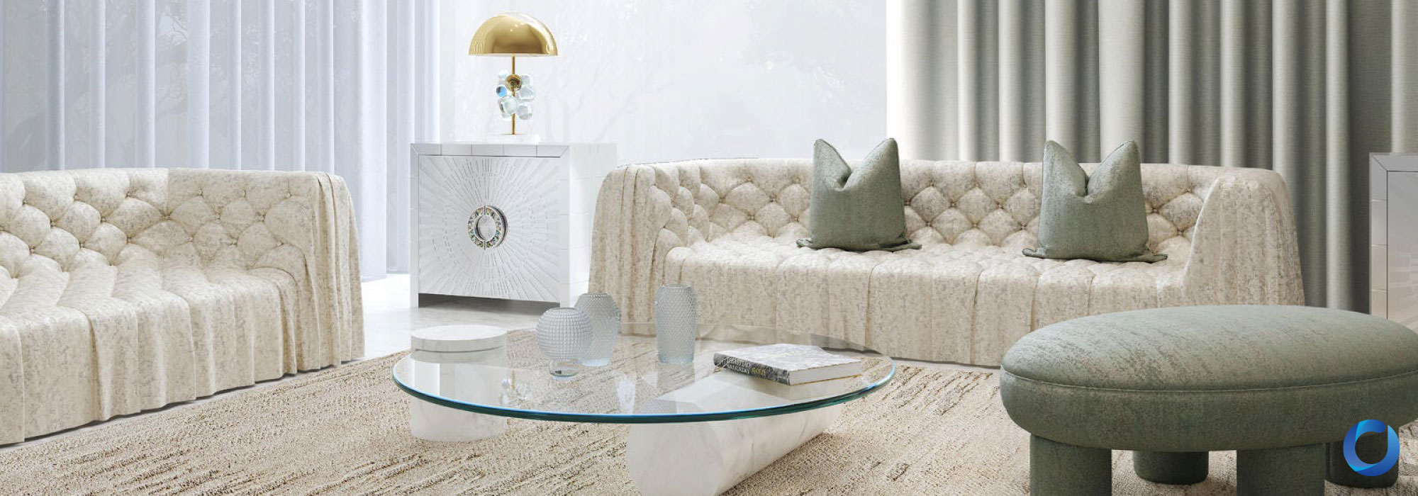 Luxurious living room with tufted sofas, soft curtains, and décor. Matisse Collection