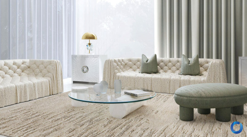 Luxurious living room with tufted sofas, soft curtains, and décor. Matisse Collection