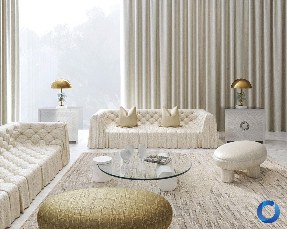 Elegant living room with tufted fabric sofas and draped curtains. Matisse Collection