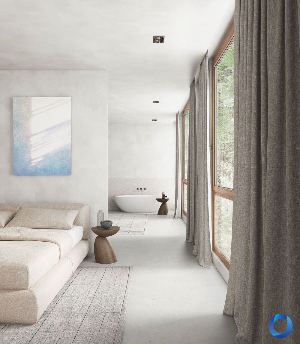 Minimalist bedroom with neutral-toned curtains and modern decor. Nightcap Collection