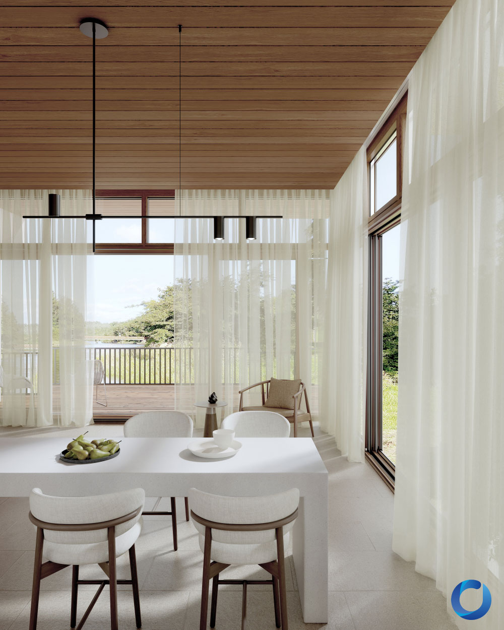 Modern dining space with sheer curtains and natural lighting. Twirler