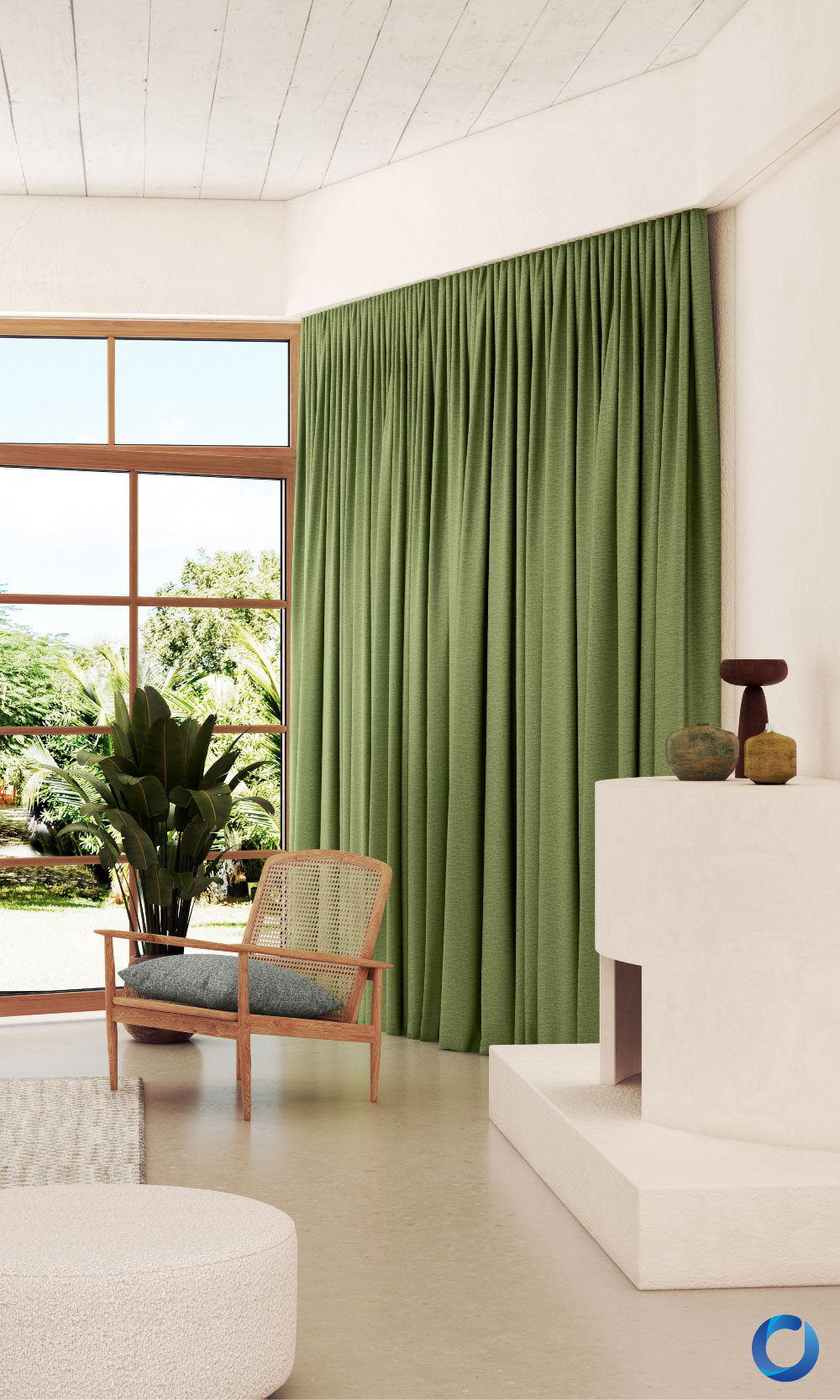 Cozy living space with green curtains, natural light, and earthy decor. Zeal Collection