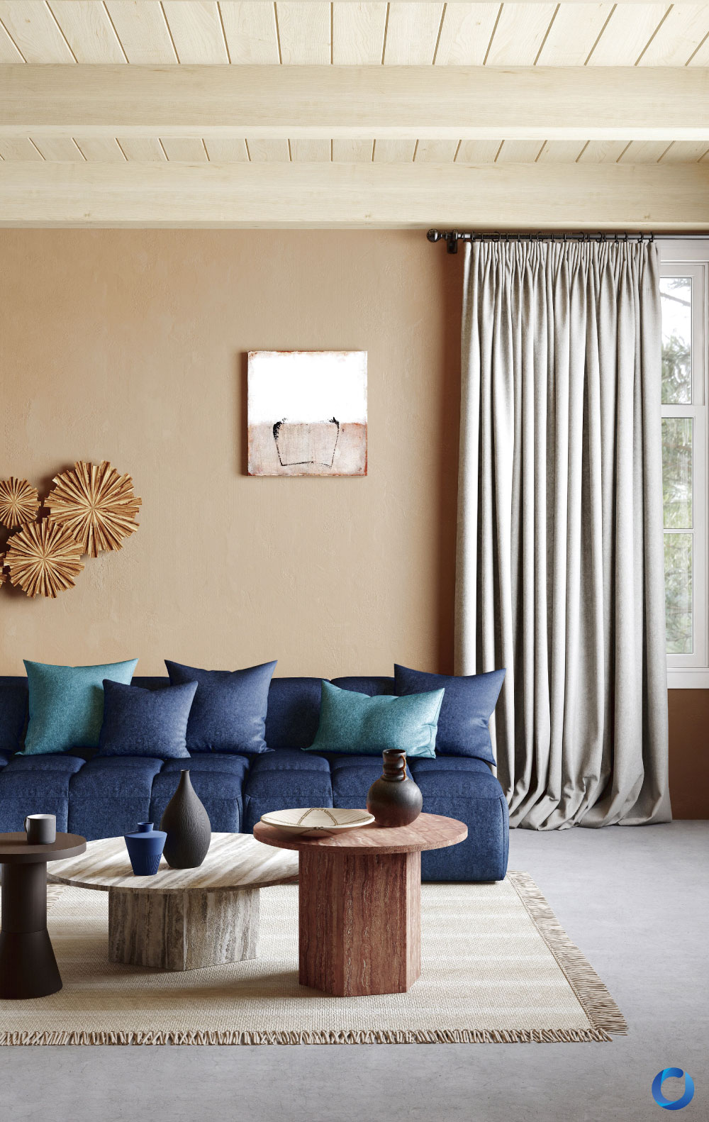 Modern living room with a deep blue sofa, decorative pillows, beige walls, and floor-length neutral curtains. The space is accented with wooden ceiling beams, rustic coffee tables, and abstract wall art, creating a cozy, earthy vibe.