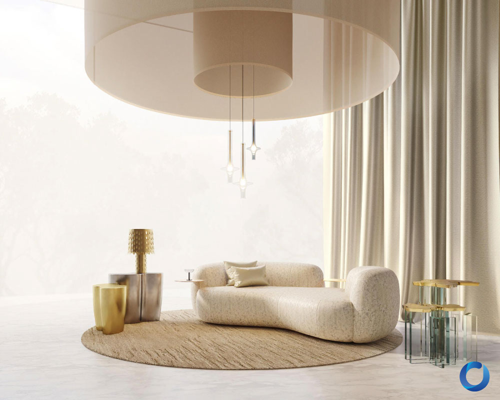 Minimalist living room featuring a curved cream sofa, round textured rug, soft beige curtains, and metallic accent tables. The space is illuminated by pendant lighting and natural light, creating a luxurious and serene ambiance.