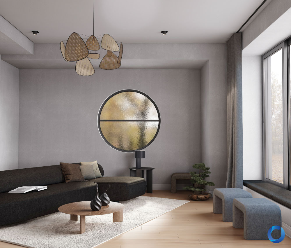 Minimalist living room with black sectional sofa, round window, and gray curtains. Melangerie Collection