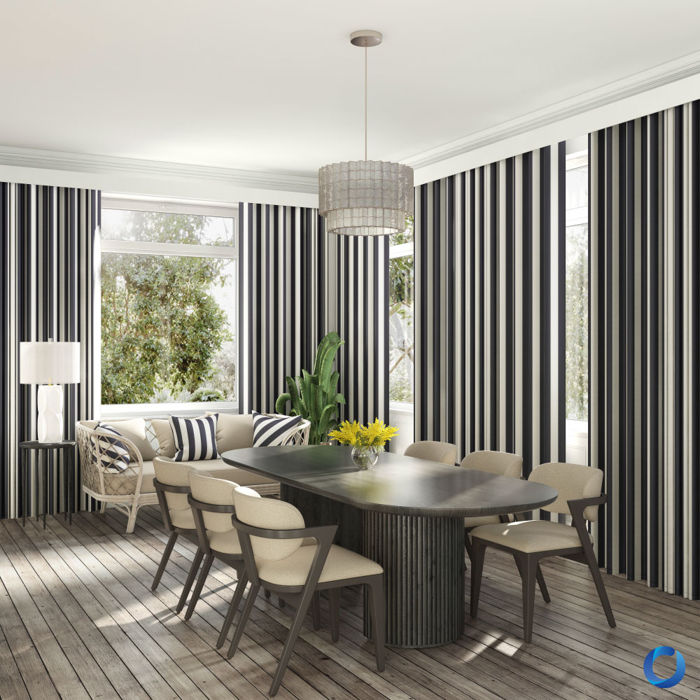 Modern dining room with striped black and white walls, wooden floor, and neutral furniture. Merit Collection