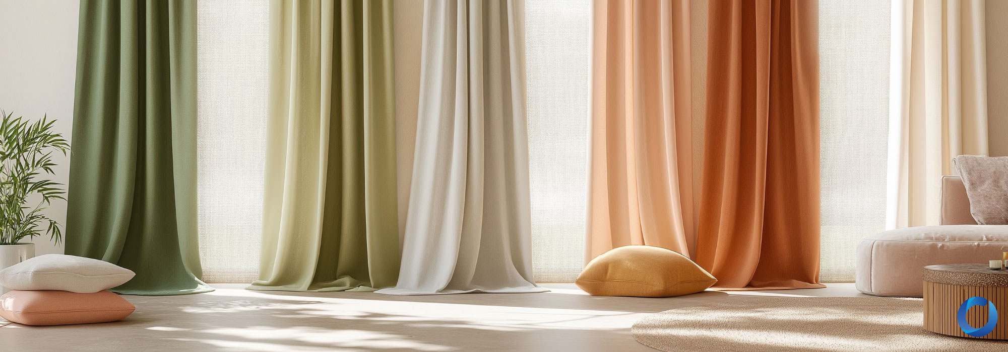 Bright, modern room showcasing floor-length curtains in earthy tones—green, beige, orange, and cream. The space features natural light, minimal decor, and a soft, cozy ambiance.