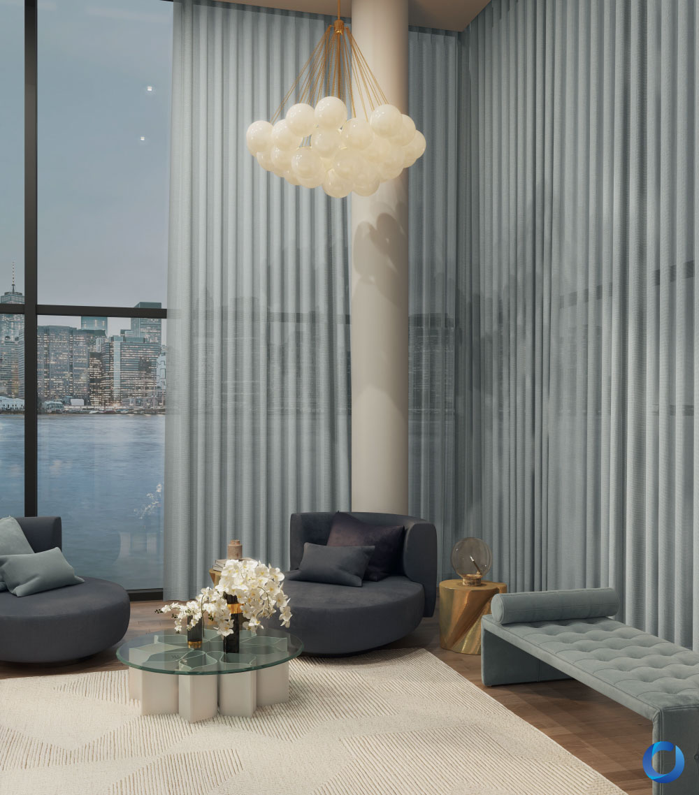 Modern living room featuring floor-to-ceiling windows with city views, soft blue curtains, circular armchairs, and a glass coffee table. The space is accented with a statement bubble chandelier, plush seating, and a neutral area rug.