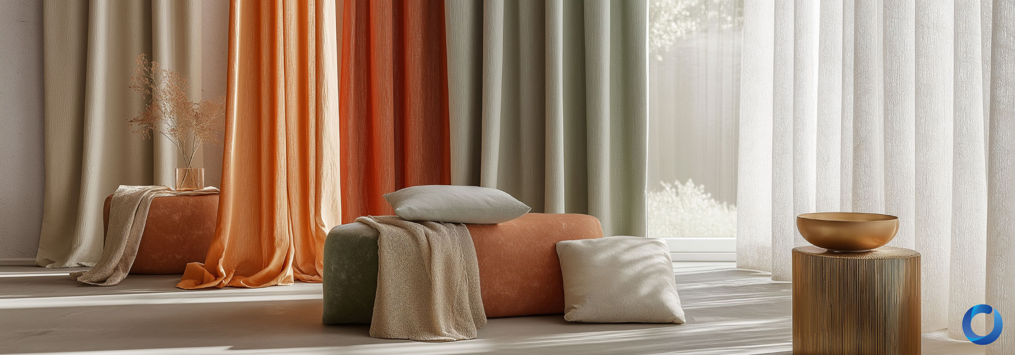 Colorful modern European curtains in neutral and warm tones.