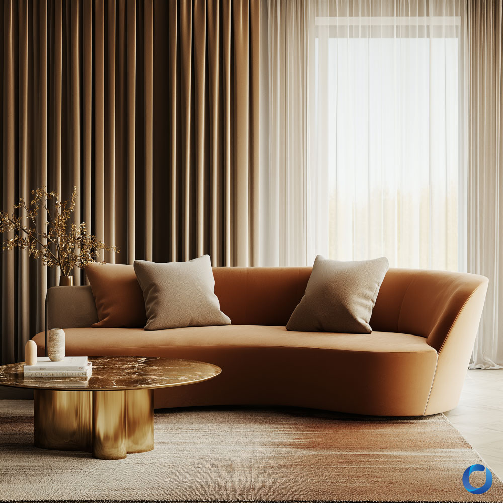 Elegant living room with a curved terracotta sofa, beige pillows, and floor-to-ceiling neutral curtains. The space features a marble round coffee table, soft lighting, and a warm, earthy color palette.