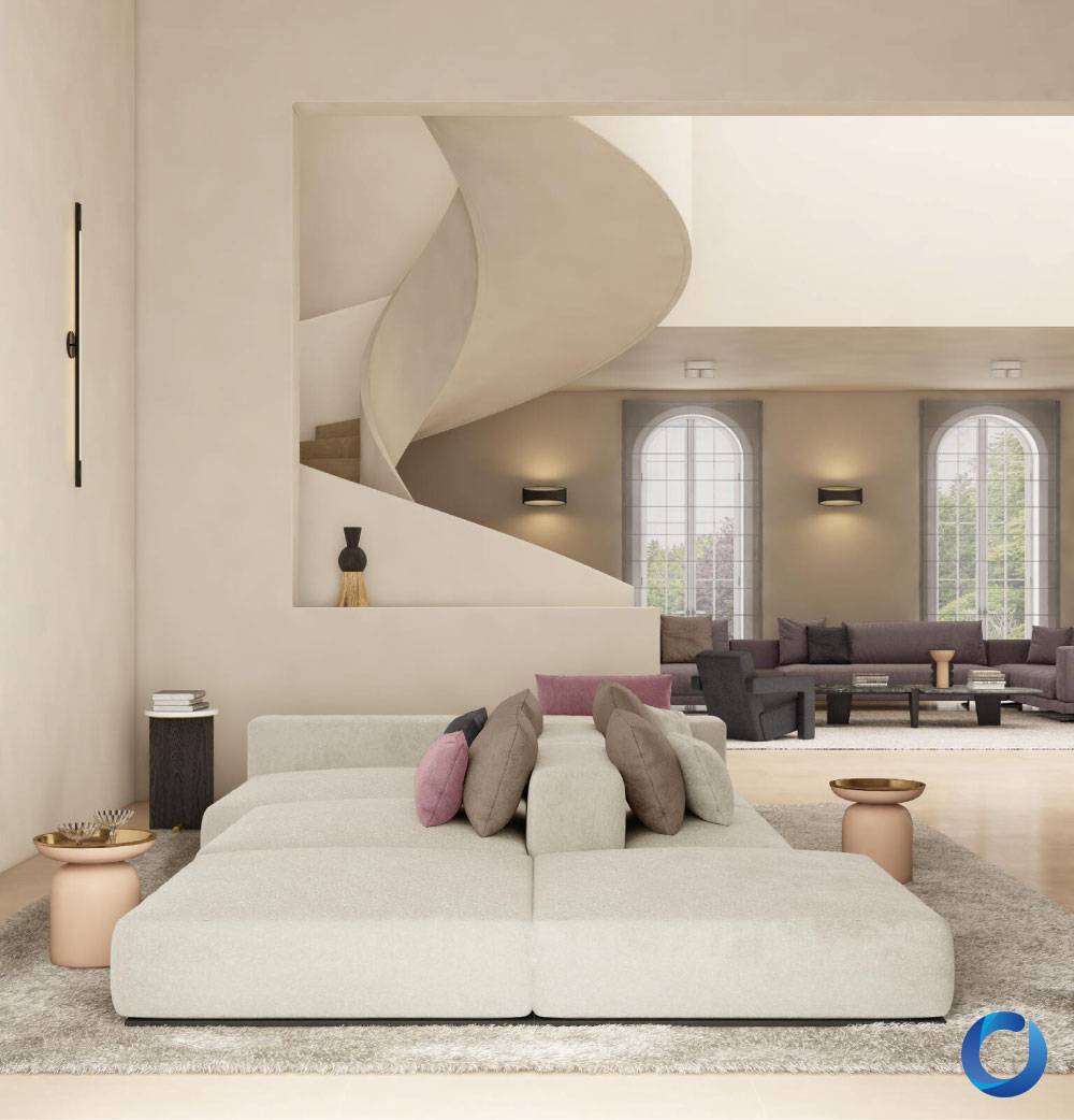 Luxury modern living room with elegant neutral-tone upholstery. Brigadier Collection