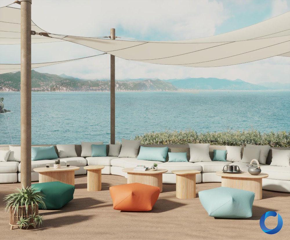 Luxury outdoor lounge with ocean view and stylish seating. Chill Out Collection