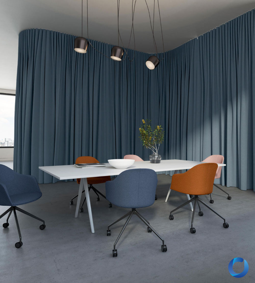 Modern office space with stylish upholstered chairs and drapery. Collection Darkness