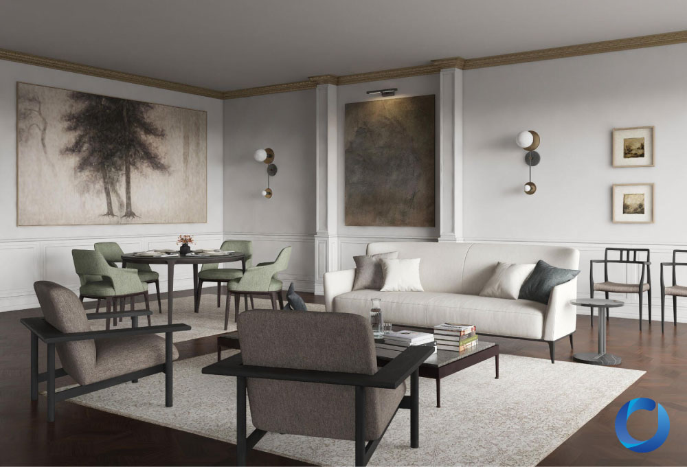 Elegant living and dining space with modern upholstered furniture. Dodge Collection