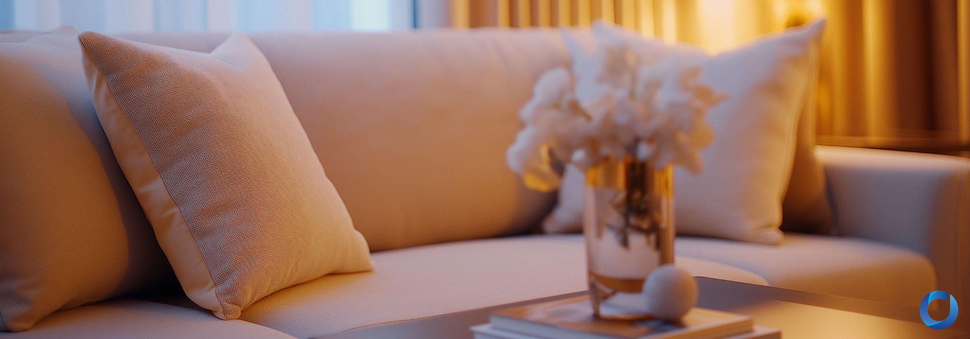 Elegant sofa with soft lighting and neutral upholstery fabric.