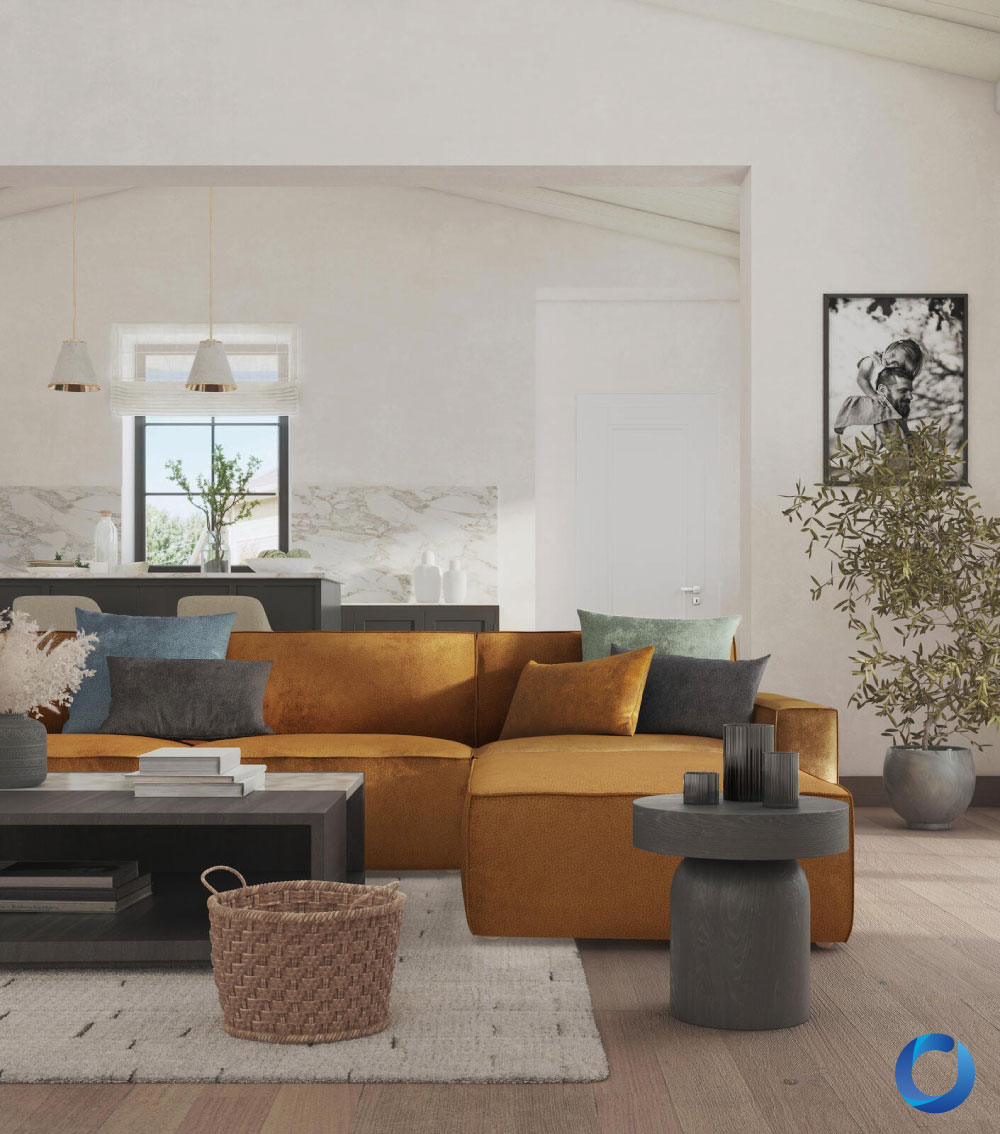 Cozy living room with mustard velvet sofa and modern decor. Feather Soft