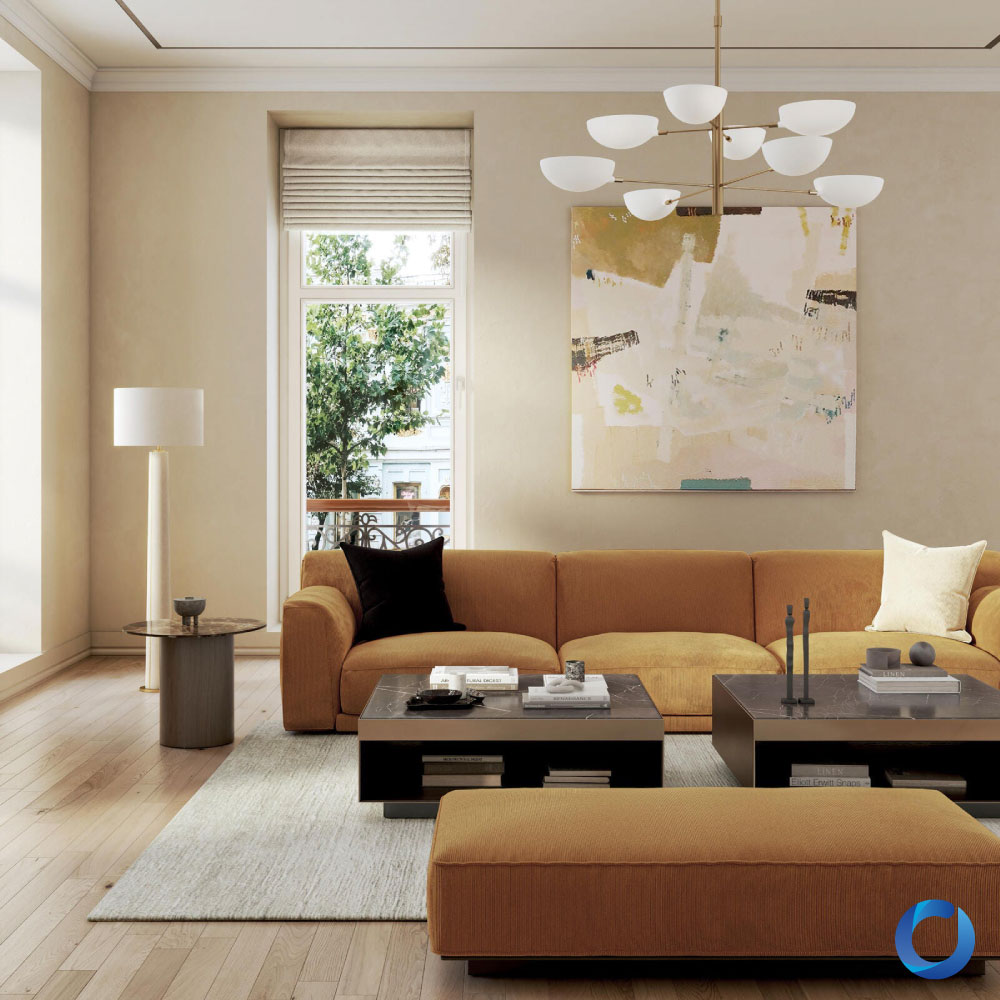 Elegant living room with mustard sofa and modern decor. Pindrive Collection