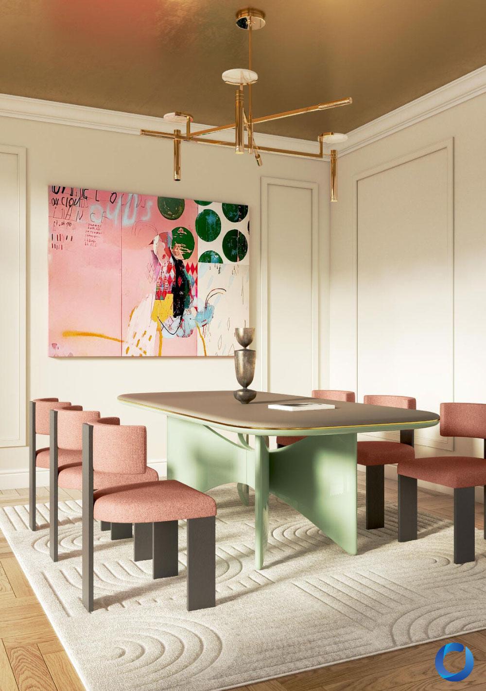 Modern dining room with bold furniture and artistic decor. Plush Collection